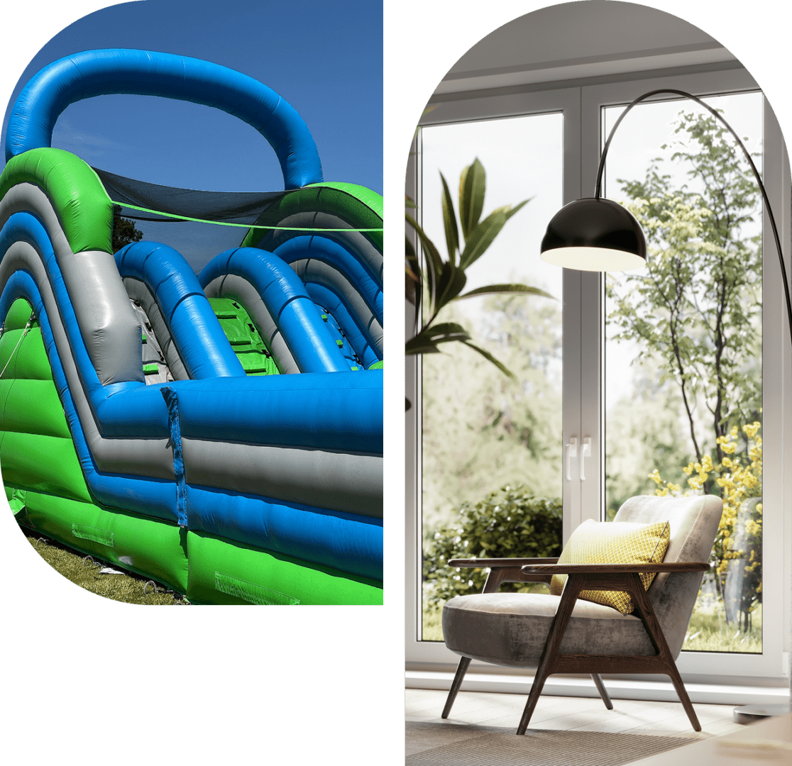 Inflatable obstacle course; cozy indoor lounge chair.