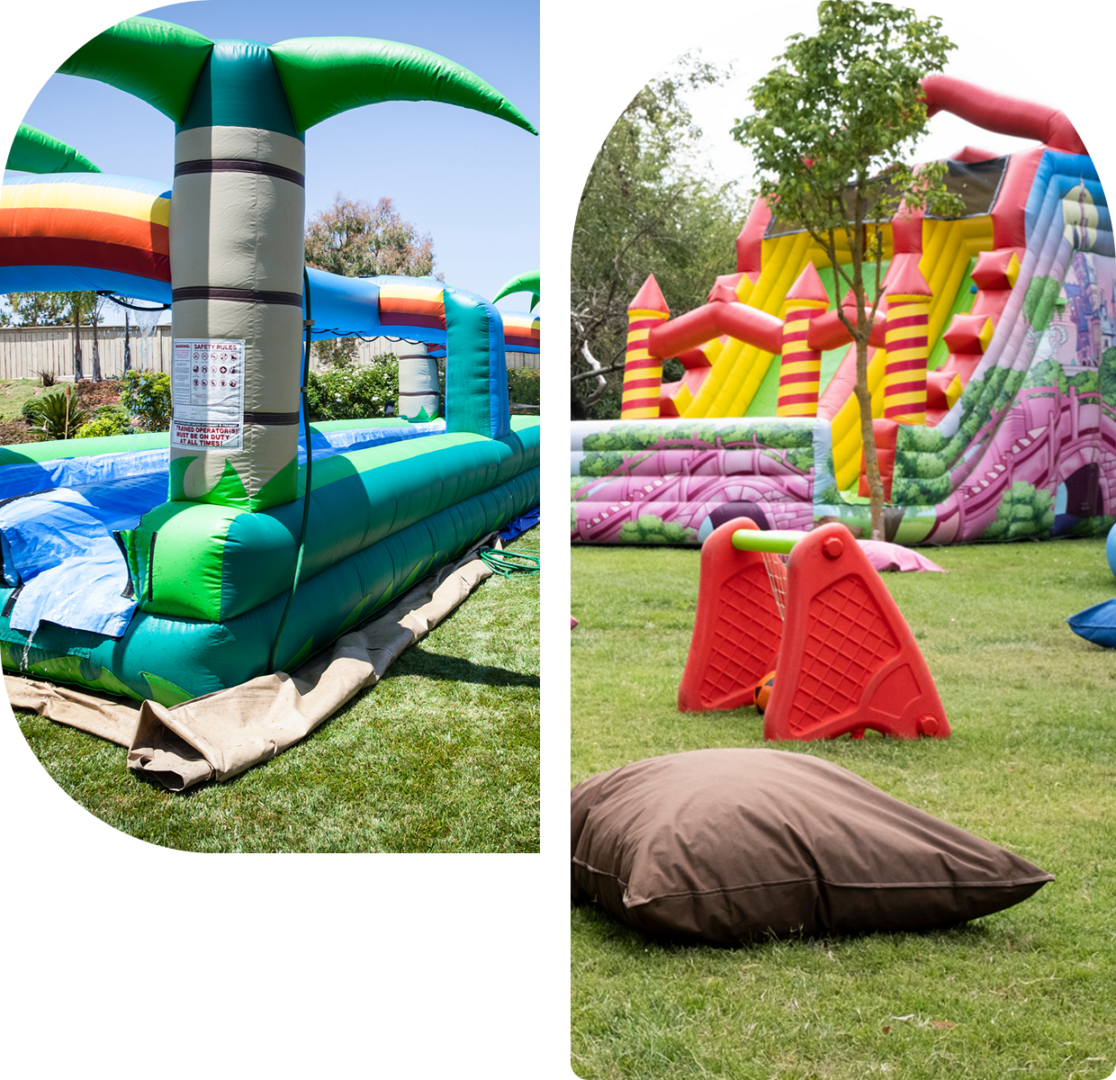Inflatable water slide and obstacle course outdoors.